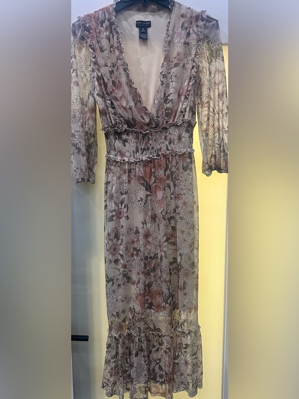 KATE and LILY Floral Sheer Long Sleeve Midi Dress - Dusty Mauve Size 4P